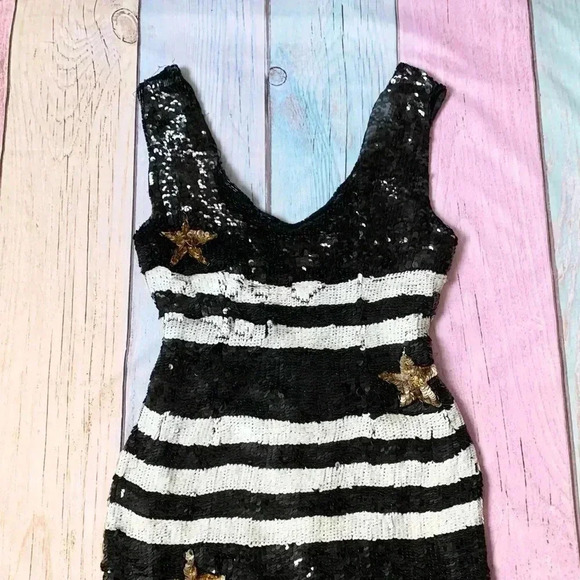 Vintage cache black and white sequins mini dress sleeveless size small - Picture 2 of 11